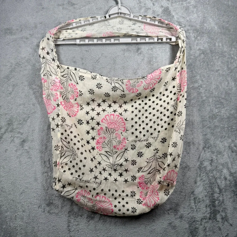 Free People White Pink Floral Star Polka Dot Lightweight‎ Scarf Bag Reusable